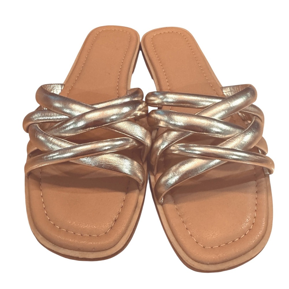 Womens Gold Metallic Braided‎ Strap Slide Sandals Size 11 Flat Slip On summer - Picture 3 of 5